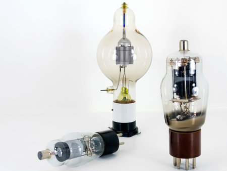 Three samples of vintage style light bulbs show detailed circuitry.の写真素材