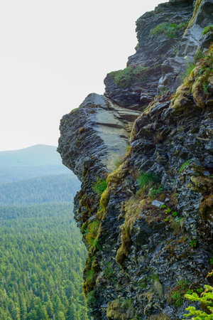Jagged rock cliff overlooks gorge and national park