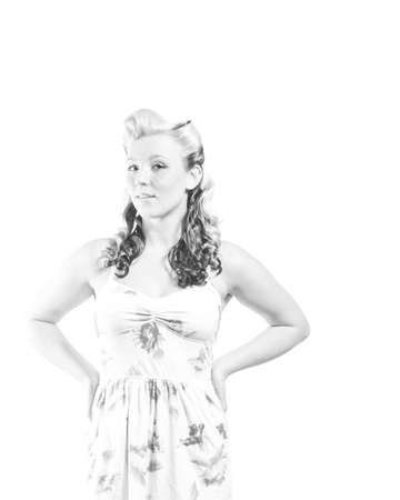 Young attractive woman in short modest dress on isolated white backgroundの写真素材