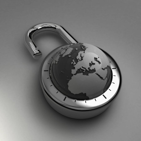A combination lock is unlocked with the Earth as its focus, specifically Europe, indicating access to trade and commerce.の写真素材