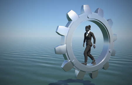 Female executive walking inside a gear at sea.  A female executive walking on a gear at sea demonstrates her talent and effectiveness.の写真素材