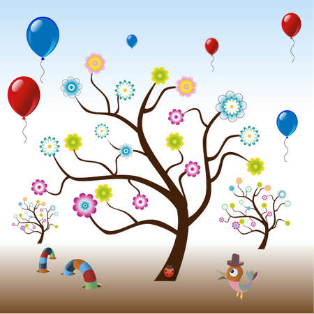 funny tree with flowers and balloonsのイラスト素材