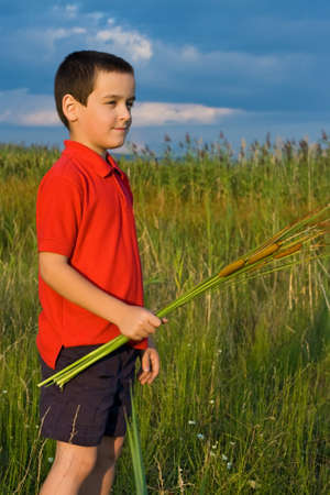 Happy little boy holding in his hands reedsの写真素材