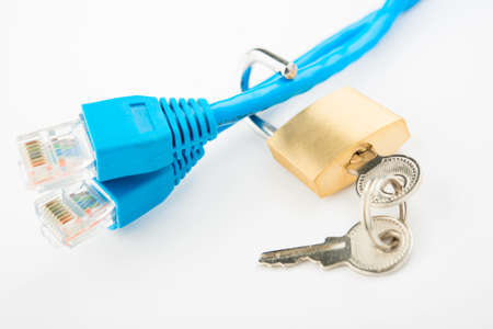 Security concept. Lock and two network cableの写真素材
