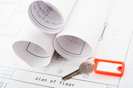 Key and several Rolls of Blueprints .の写真素材