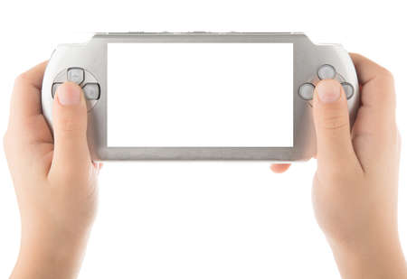 Two hands holding portable game, playing games, clipping pathの写真素材
