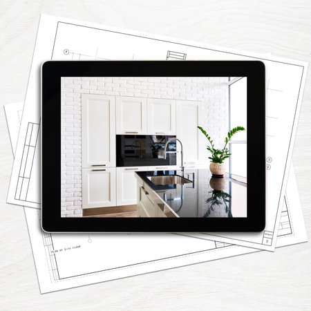 digital tablet computer and interior image on screenの写真素材