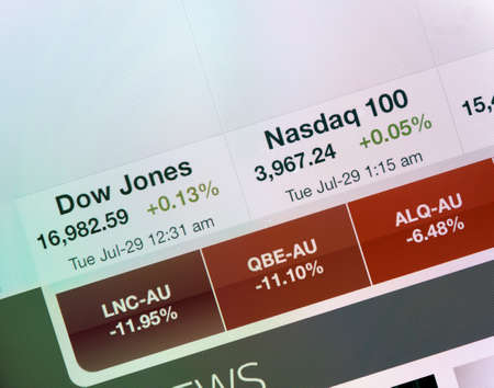 Simferopol, Russia - July 29, 2014  Photo of screen Apple iPad device showing the Dow Jones and Nasdaq indexesのeditorial素材