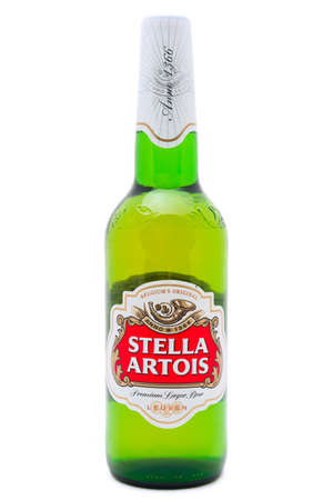 SIMFEROPOL, RUSSIA - NOVEMBER 13, 2014: Bottle of Stella Artois Beer on white background. Stella Artois informally called Stella, is a pilsner beer. It has been brewed in Leuven, Belgiumのeditorial素材