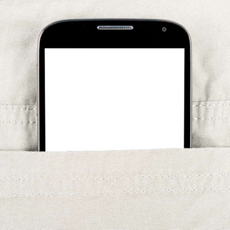 Modern black smartphone in the pocket with blank screenの写真素材