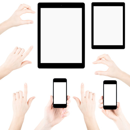 Set of isolated elemets from hands, fingers, tablets pc and phones with blank screen
