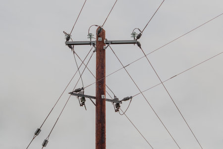 Brown Electricity Pole with Wires and Insulatorsの写真素材