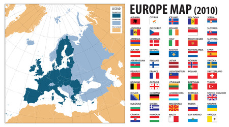 Europe map and flags, including Turkey, Kosovo, Armenia, Azerbaidjan and Georgiaのイラスト素材