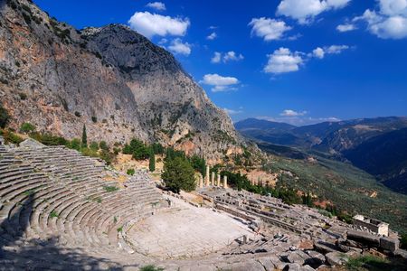 Delphi ancient theatre ruins, Parnassus mountains, Greeceの写真素材