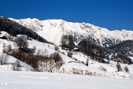 Rural landscape in Carpathian mountains, winter