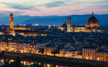 Florence Dome, Campanile Tower and Santa Croce church, night view, Tuscany in Italyの写真素材