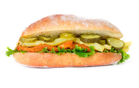 Big chicken sandwich in front of white backgroundの写真素材