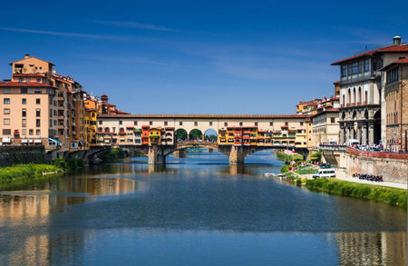 Ponte Vecchio, medieval bridge over Arno river, Florence, Tuscany の写真素材