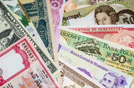 International currency with banknotes from different world countries の写真素材