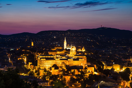 Twilight view with Buda Castle built on Castle Hill in 1265AD, famous for medieval baroque ...