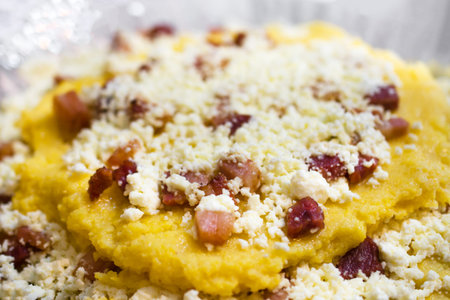 Romanian traditional plate with cheese, ham and polenta.の写真素材