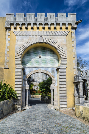 Pena Palace, Sintra, Portugal. Arabic architecture style arch on Palacio de Pina entrance.のeditorial素材