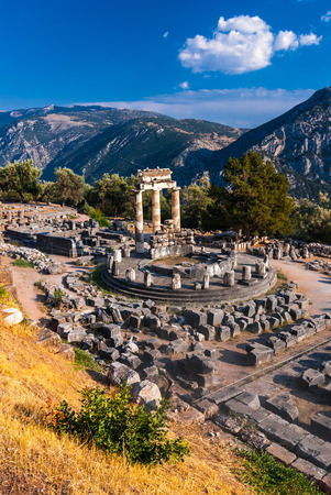 Delphi, Greece. Tholos temple, sanctuary of Athena Pronaia, constructed in 360 BC. Ancient Greek civilization.の写真素材