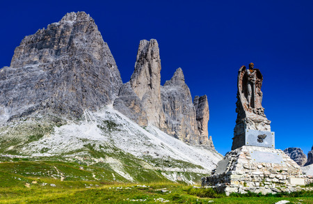 View to the famous Tre Cime di Lavaredo (Drei Zinnen) in Dolomites Mountains, one of the best-known mountain groups in the European Alps.の写真素材