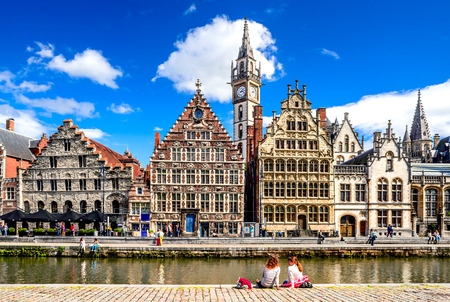 GENT, BELGIUM - 11 AUGUST 2015: Graslei historical center of Gent (Ghent) with water canal and medieval house facades, West Flanders in Belgium.のeditorial素材