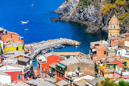 Cinque Terre Italy. Scenic view of colorful village Vernazza and Mediterranean Se coast in Liguria italian landmark.の写真素材