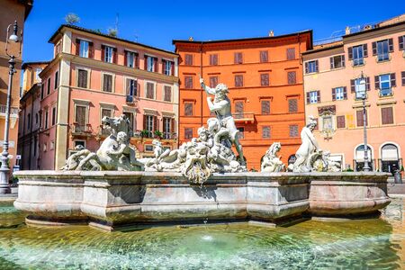 Rome, Italy. The Fountain of Neptune, at Piazza Navona. This fountain from 1576 depicts the god Neptune with his trident fight against an octopus and other mythological creaturesのeditorial素材