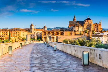 Cordoba, Spain, Andalusia. Roman Bridge on Guadalquivir river and The Great Mosque (Mezquita Cathedral)の写真素材