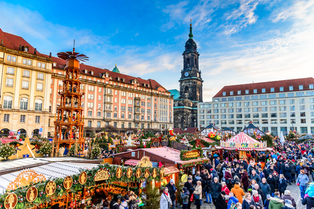 DRESDEN, SAXONY / GERMANY -  17 DECEMBER 2016: People visit Christmas Market  Striezelmarkt in Dresden, Germany. Christmas fair, European traditions.のeditorial素材