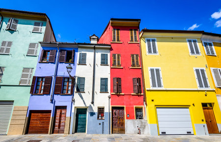 Parma, Italy - Colored house in medieval downtown of this Emilia-Romagna cityの写真素材