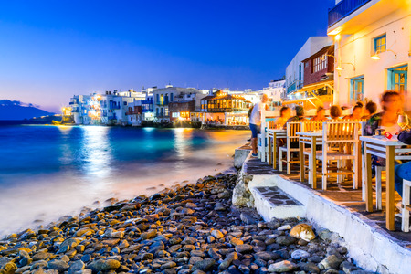 Mykonos, Greece. Little Venice waterfront houses, considered one of the most romantic places on the Cyclades Islands.の写真素材