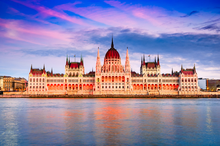 Budapest, Hungary. Sunset amazing image of Hungarian Parliament Building and Danube River.の写真素材