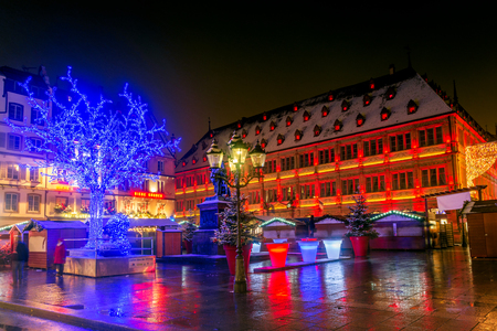 Strasbourg, France - December 2017. Place Gutenberg Christmas market in Capitale de Noel, Alsace.のeditorial素材
