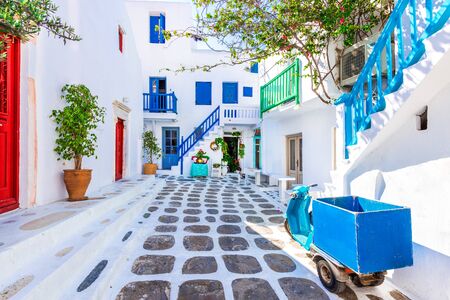 Mykonos, Greece. Wiew of whitewashed cycladic street in beautiful Mykonos town, Cyclades Greek Islands.の写真素材