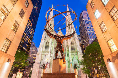 New York, USA - September 2019: St. Patrick Cathedral and Atlas Statue on 5th Avenue, Manhattanのeditorial素材