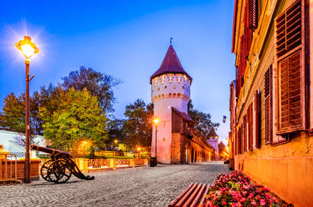 Medieval old town and The Carpenters Tower in Sibiu city, Transylvania region, Romaniaのeditorial素材