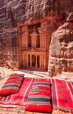 Ancient Petra in Jordan - Siq and the Treasury Al Khazneh in Wadi Musa one of the new Seven Wonders of the World.のeditorial素材