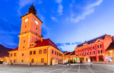 Brasov, Romania. The Main Square and City Hall, downtown of touristic city in Transylvania.のeditorial素材