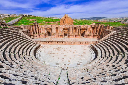 Jerash, Jordan - Panoramic view of Roman theater in Jerash, Ancient Roman city in Jordan.の写真素材