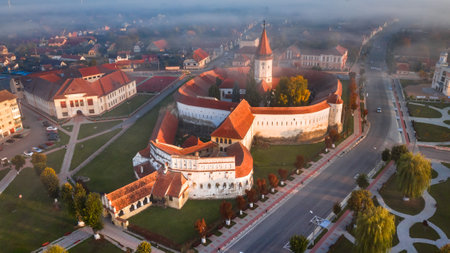 Prejmer, Romania. Aerial view of fortified church powerful thick walls in Transylvania, autumn misty morning.のeditorial素材