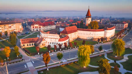 Prejmer, Romania. Aerial view of fortified church powerful thick walls in Transylvania, autumn misty morning.のeditorial素材