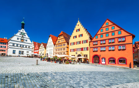 Rothenburg ob der Tauber, Germany. Main square (Marktplatz or Market Square) of medieval town in Bavaria, panoramic view.のeditorial素材