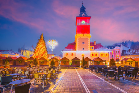 Brasov, Romania. Fairy tale scenics with Christmas Market, historical city in Transylvania.の写真素材