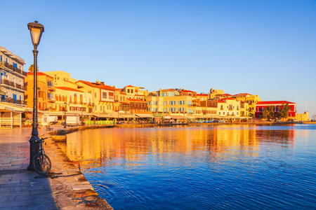 Crete, Greek Islands. Beautiful Greece and best scenic places - Chania, panorama of picturesque old Venetian Harbor.の写真素材