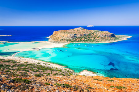 Crete, Greece. Amazing landscape with Balos Lagoon beach and Gramvousa island, Aegean Sea beautiful summer destination.の写真素材