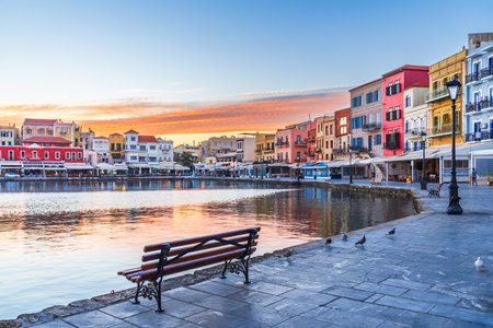 Crete, Greek Islands. Beautiful Greece and best scenic places - Chania, panorama of picturesque old Venetian Harbor.の写真素材